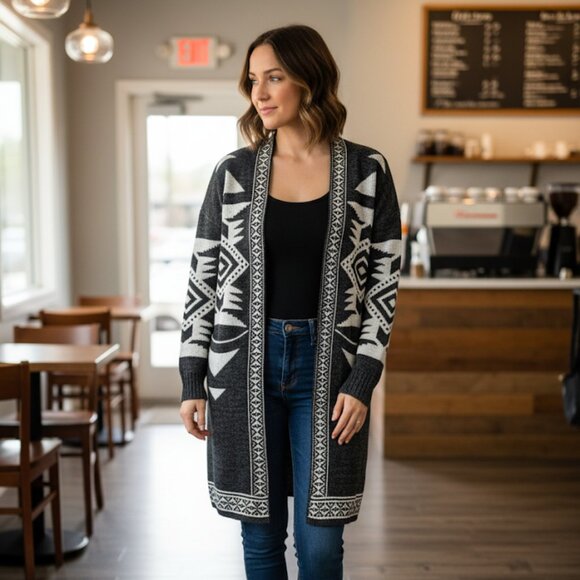 Davi & Dani NWT Aztec Open Front Gray Cardigan Sweater S - Boho, Fall, Winter - Picture 10 of 11